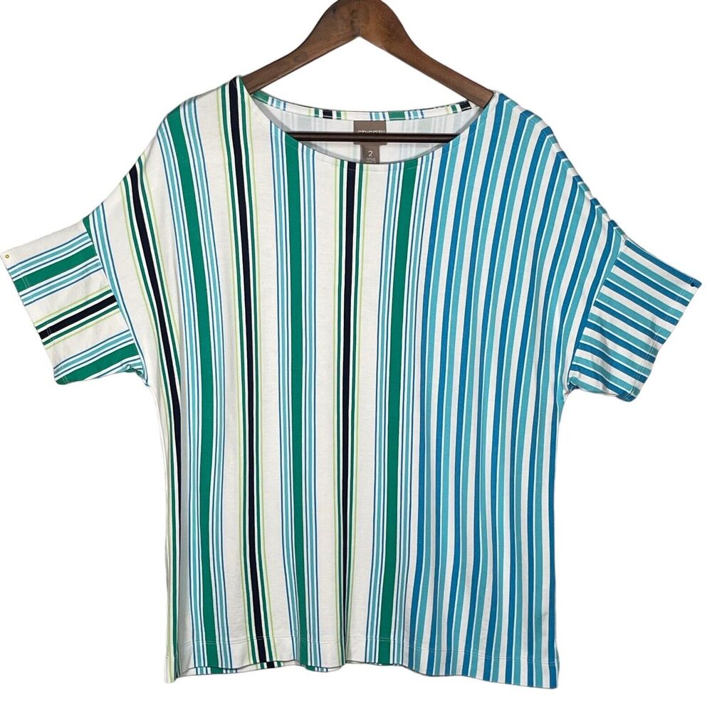 Chico's‎ Stripe Balance East West Tee Women Size L/12 (2) Blue Boat Neck Modern